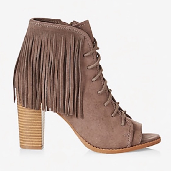 Express Shoes - Express Fringe Peep Toe Heel Booties Suede
